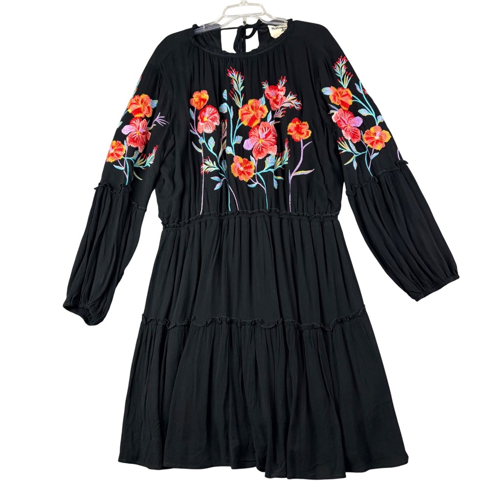 Savannah Jane 2X Black Floral Embroidered Tiered Midi Dress Long Sleeve Boho